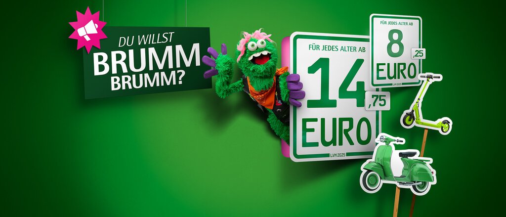 Auf dem Bild steht "Du willst Brumm Brumm?" und zwei Kennzeichen für die Mopedversicherung sind abgebildet. Auf dem großen steht "Für jedes Alter ab 59 Euro" und ein Roller ist daneben abgebildet. Auf dem anderen steht "Für jedes Alter ab 33 Euro" und ein E-Scooter ist abgebildet.