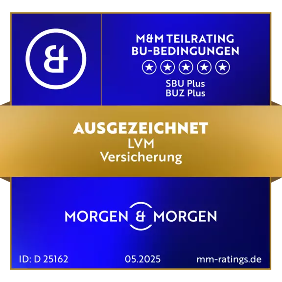 Berufsunfähgkeitsversicherung im Rating von Morgen & Morgen: Ausgezeichnet wurden die BU-Bedingungen der LVM bewertet, SBU Plus und BUZ Plus