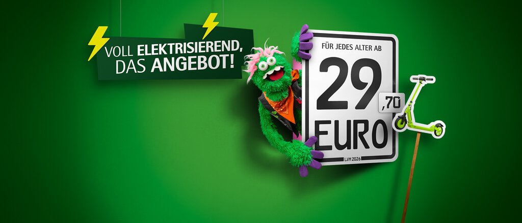 Auf dem Bild steht "Du willst Brumm Brumm?" und ein Kennzeichen auf dem steht "Für jedes Alter ab 29,70 Euro" und ein E-Scooter ist daneben abgebildet. 