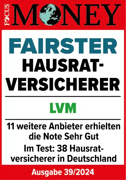 Testlabel Focus Money: Fairster Hausratversicherer, 11 weitere Anbieter erhielten die Note Sehr gut, Im Test: 38 Hausratversicherer in Deutschland