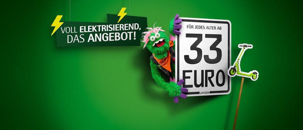 Auf dem Bild steht "Du willst Brumm Brumm?" und zwei Kennzeichen für die Mopedversicherung sind abgebildet. Auf dem großen steht "Für jedes Alter ab 59 Euro" und ein Roller ist daneben abgebildet. Auf dem anderen steht "Für jedes Alter ab 33 Euro" und ein E-Scooter ist abgebildet.