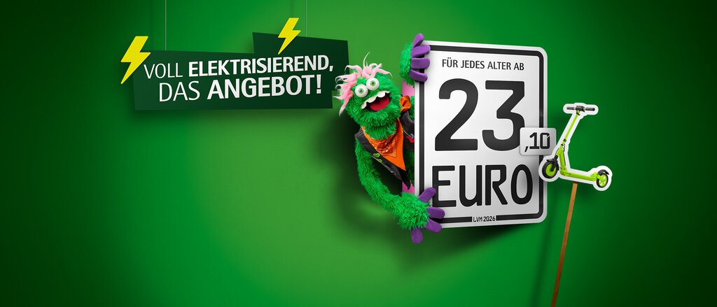 Auf dem Bild steht "Du willst Brumm Brumm?" und ein Kennzeichen auf dem steht "Für jedes Alter ab 23,10 Euro" und ein E-Scooter ist daneben abgebildet. 