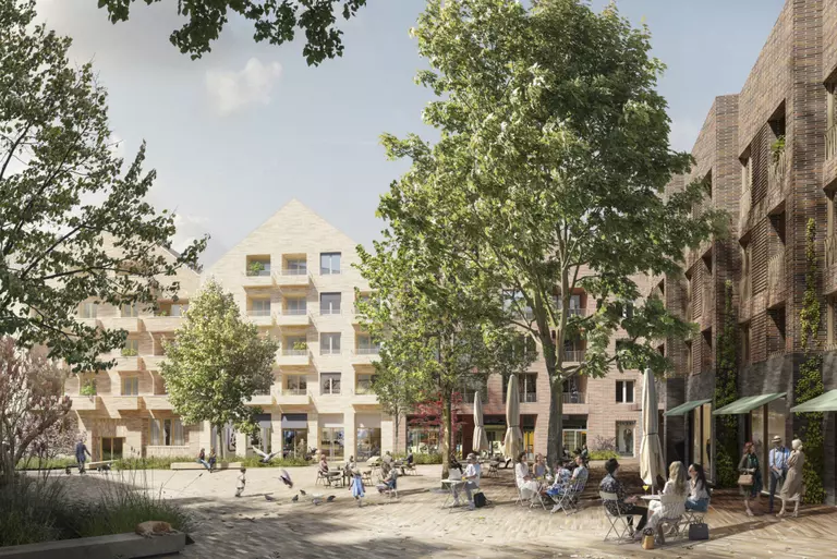 So könnte einer der drei öffentlichen Plätze im Quartier aussehen. (Visualisierung: LVM Versicherung/moka-studio)