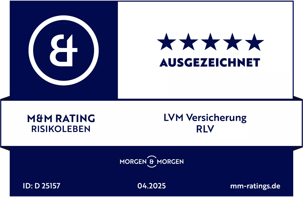 5-Sterne-Rating-Label von Morgen & Morgen, Ausgabe 04/2025 für die ausgezeichnete LVM-Risikolebensversicherung
