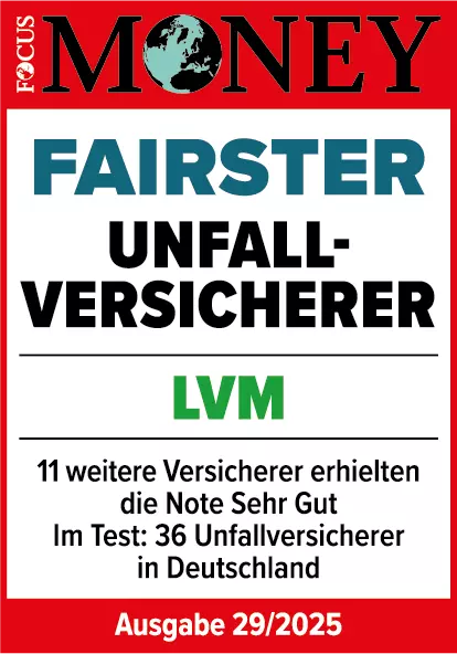 LVM-Unfallversicherung ist fairster Unfallversicherer, 11 weitere Versicherer erhielten die Note Sehr gut, im Test: 36 Unfallversicherer in Deutschland
