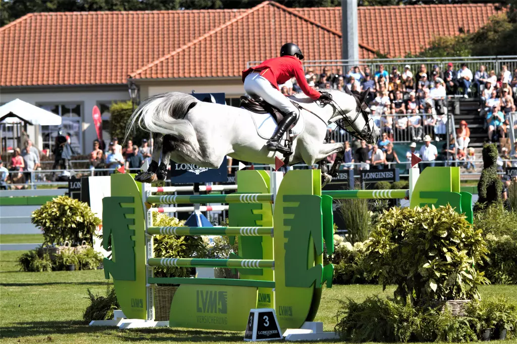 Ein Reitsportler springt auf dem Turnier Horses & Dreams über ein Sprunghindernis. 