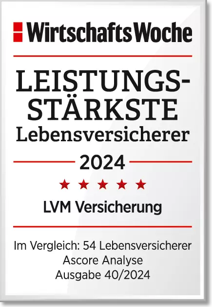 WirtschaftsWoche"-Label mit der Auszeichnung für "leistungsstärkste Lebensversicherer 2024", die an LVM Versicherung vergeben wurde. Im Vergleich wurden 54 Lebensversicherer analysiert. Die Analyse wurde von Ascore durchgeführt. Die Ausgabe ist als "Ausgabe 40/2024