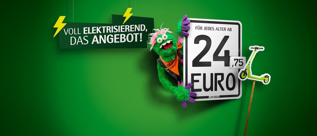Auf dem Bild steht "Du willst Brumm Brumm?" und ein Kennzeichen auf dem steht "Für jedes Alter ab 24,75 Euro" und ein E-Scooter ist daneben abgebildet. 