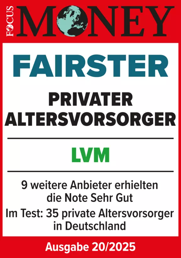 LVM fairster privater Altersvorsorger, im Test; 35 private Altersvorsorger in Deutschland, 9 weitere Anbieter erhielten die Note Sehr gut