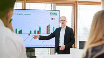 Dr. Mathias Kleuker erläutert die Geschäftszahlen 2023. (Foto: LVM Versicherung/Bernd Schwabedissen)