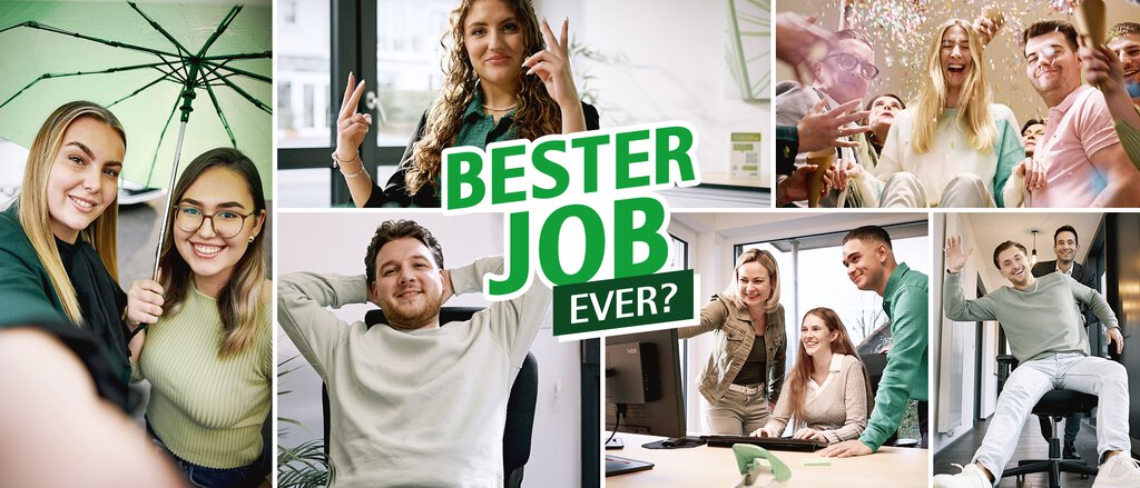 Collage aus Mitarbeitenden-Bilder mit der Aufschrift: "Bester Job ever?"