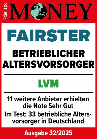 "Focus Money"-Label mit der Auszeichnung für "fairster betrieblicher Altersvorsorger", die an LVM vergeben wurde. Der Text darunter besagt, dass 11 weitere Anbieter die Note "sehr gut" erhalten haben. Im Test wurden 33 betriebliche Altersvorsorger in Deutschland bewertet. Die Ausgabe ist als "Ausgabe 33/2024" gekennzeichnet.