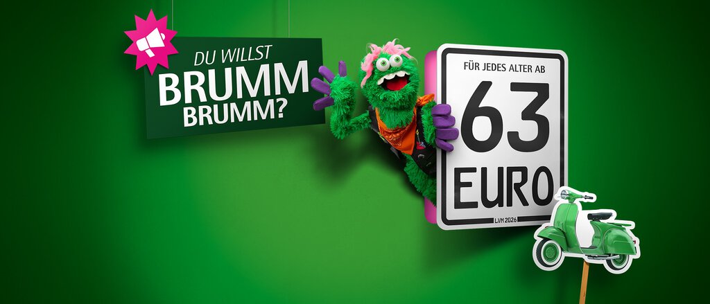 Auf dem Bild steht "Du willst Brumm Brumm?" und zwei Kennzeichen für die Mopedversicherung sind abgebildet. Auf dem großen steht "Für jedes Alter ab 59 Euro" und ein Roller ist daneben abgebildet. Auf dem anderen steht "Für jedes Alter ab 33 Euro" und ein E-Scooter ist abgebildet.