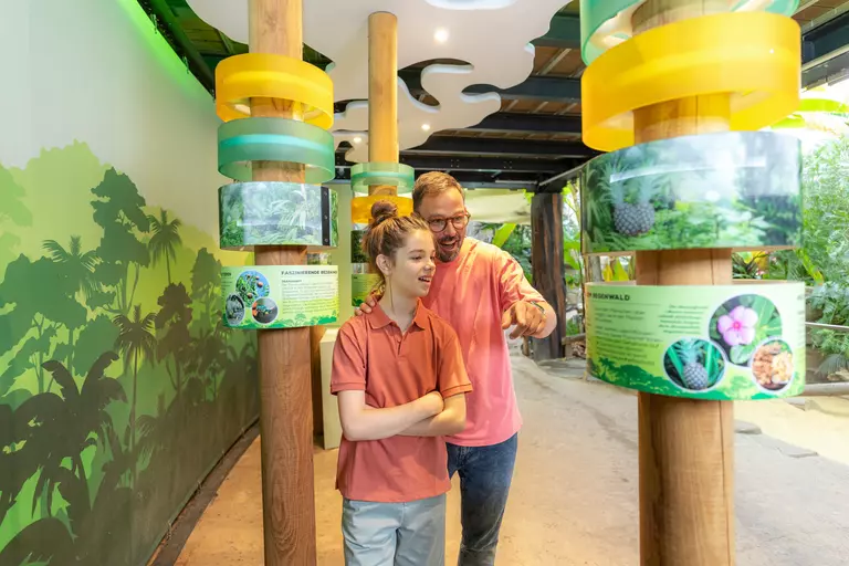 Ein Vater zeigt einem Kind, vielleicht seinem Sohn, Informationen auf einer Drehtafel im Allwetterzoo Münster