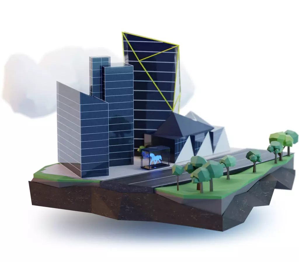 Gebäude der LVM als Polygon-Figur, kleine Bäume, Wolken