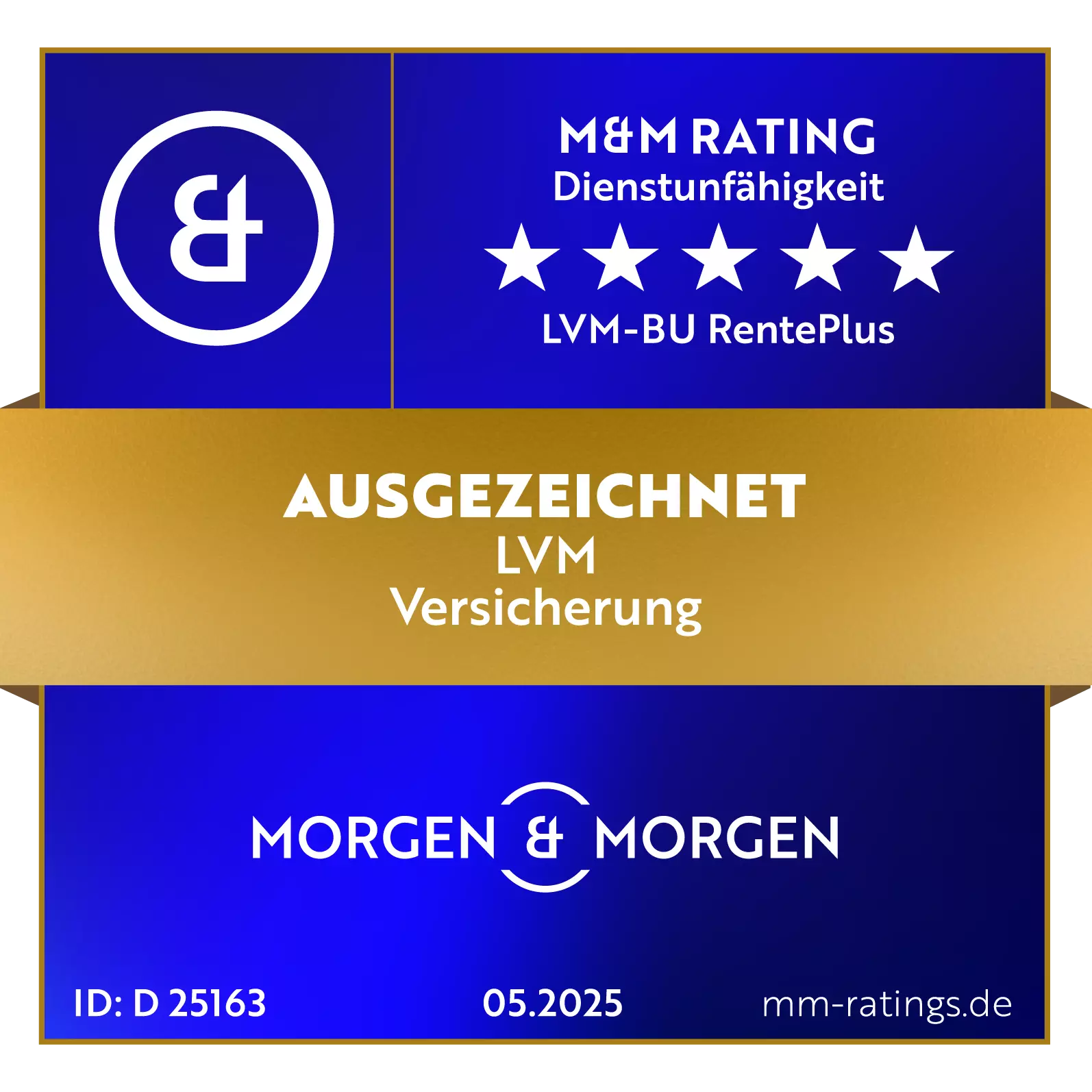 Testlabel Dienstunfähigkeit M&M Rating, die LVM erhielt mit ihrer BU RentePlus die Auszeichnung von Ausgezeichnet.