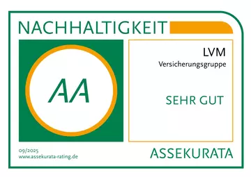 Das Label zeigt die Großbuchstaben AA und das Ergebnis "sehr gut", mit der Assekurata die LVM Versicherung in Sachen Nachhaltigkeit bewertet. 