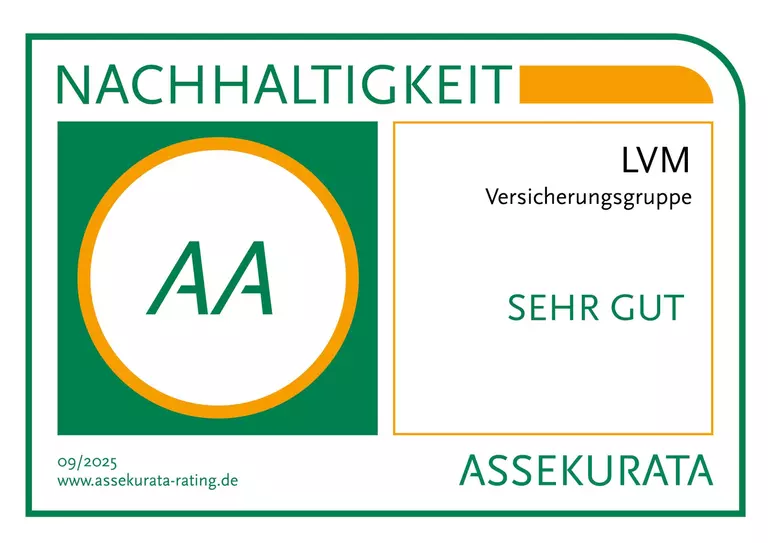 Das Label zeigt die Großbuchstaben AA und das Ergebnis "sehr gut", mit der Assekurata die LVM Versicherung in Sachen Nachhaltigkeit bewertet. 