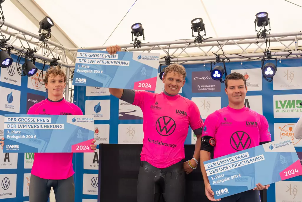 Preisverleihung LVM California Windsurf Cup, drei Surfer im rosanen Trikot, einer hält Preischeck nach oben